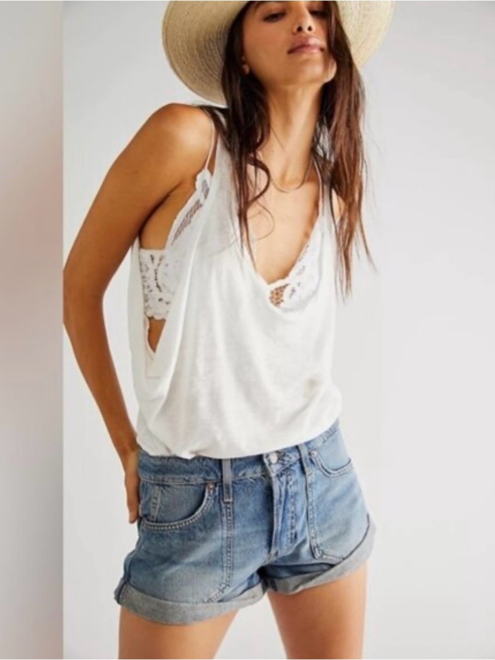 We The Free Light Blue Denim Rolled Hem Jean Shorts
